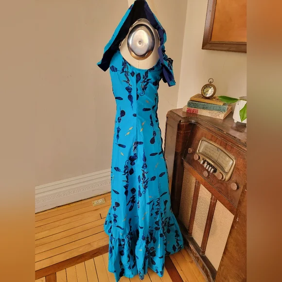 Vintage Blue Hawaiian Mid Century Seahorse Print Maxi Dress Ruffle Medium - Picture 6 of 11